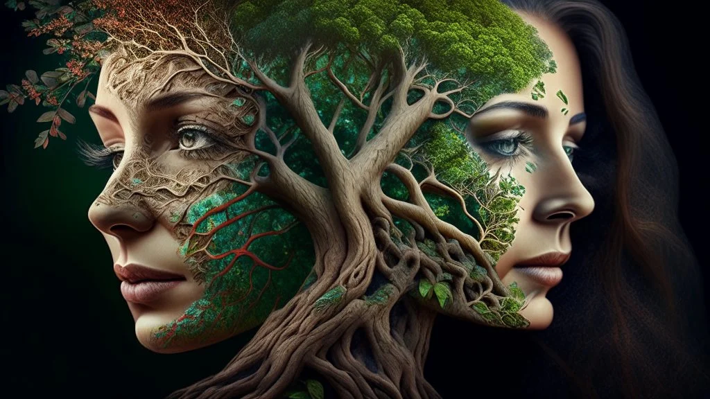 woman and tree mixed into one beautiful creature, intricate details, masterpiece, 3d, 64k, high resolution, high detail, computer graphics, hyperrealism, f/16, 1/300s. digital painting