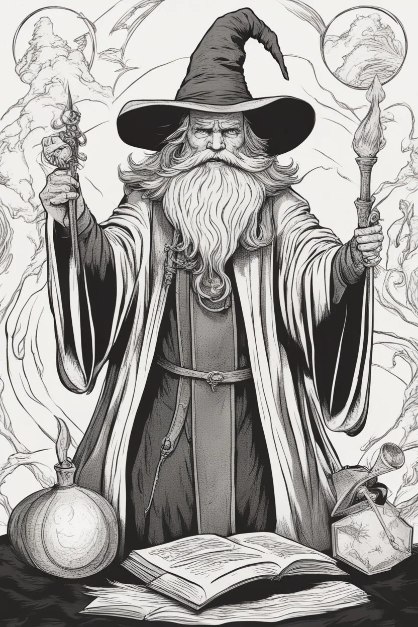 Wizard with majestic beard and pointy hat doing wizard stuff