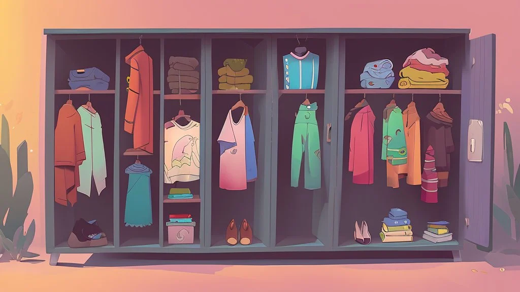 fantasy cartoon illustration: a cabinet full of new clothes