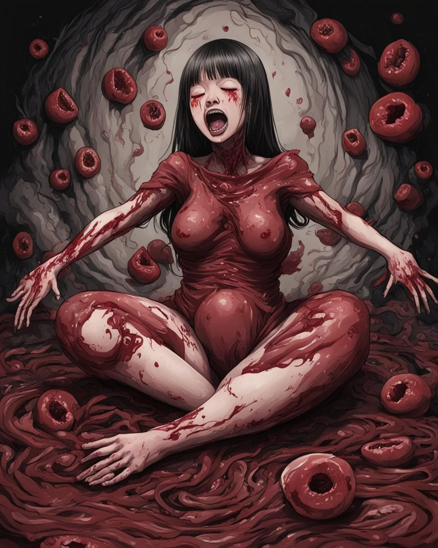 Petit weird woman crushed inside really darkred fleshy stomach filled with digestive juices, sit pose, fullbody, screaming, tears, Junji Ito style, darkred tones,