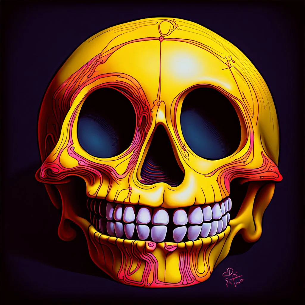 ANATOMICALLY CORRECT SKULL OF A SMILEY FACE hand drawn by davinci with fine line neon ink