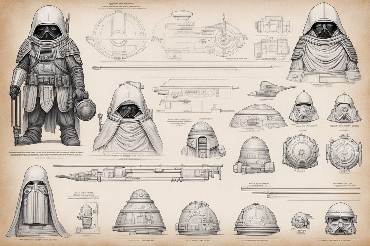 ConceptSheet blueprint [Jawa dwarf by Hans Ruedi Giger]: Star Wars Jawas aligned EDC unpacked equipment for the dunes and trade