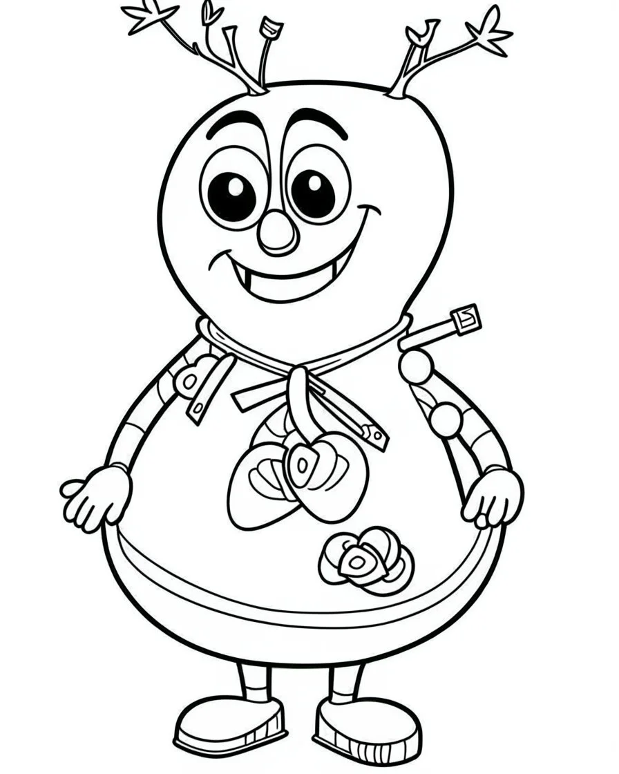 outline art for real Olaf Snowman rcoloring page, Japanese manga style, cartoon style, cute face, white background sketch style, full body is a must, only use outline, clean line art, no shadow, bold outline