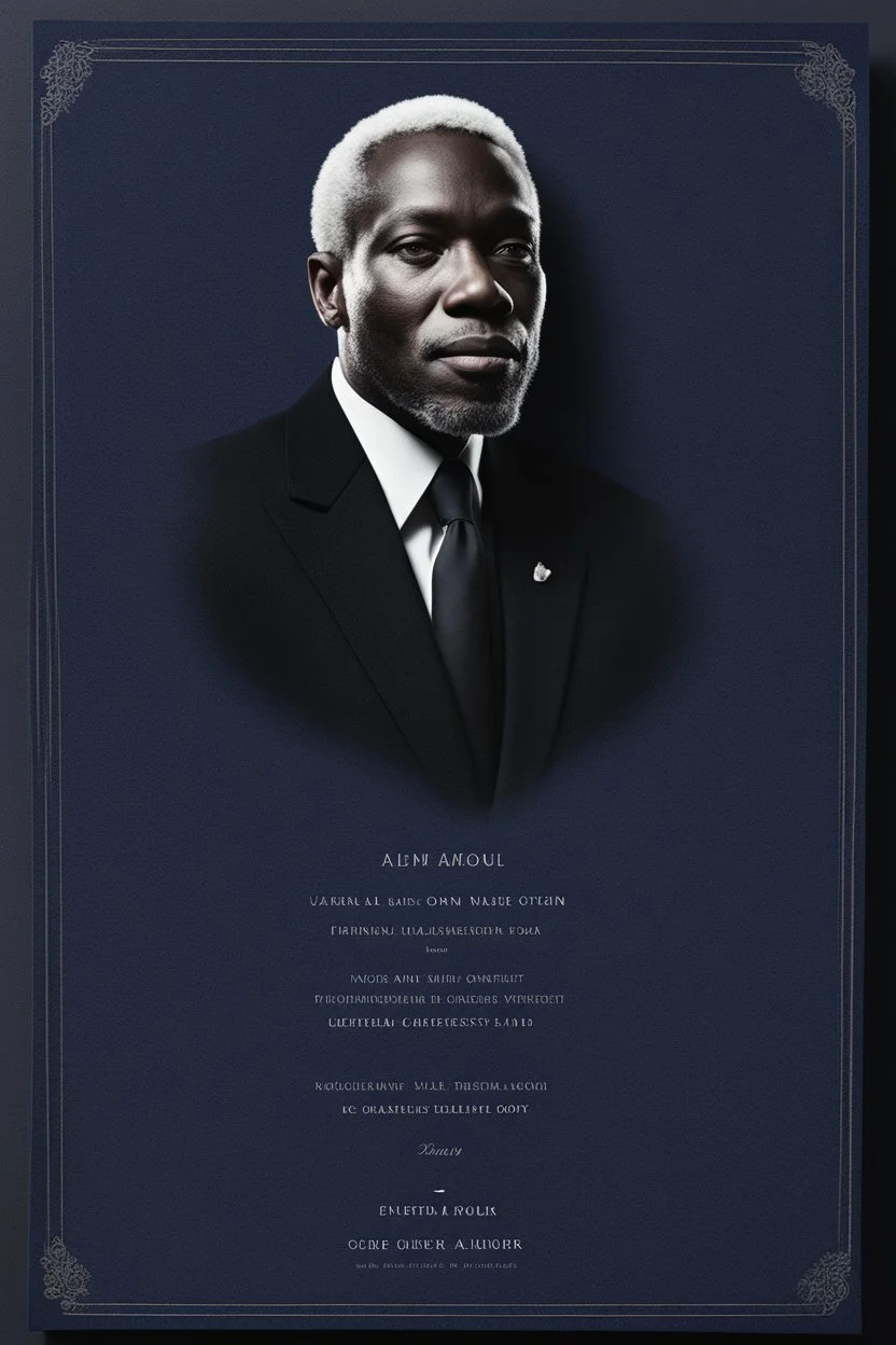 An extremely formal, funeral program for a black man on darkest blue deeply pigmented velvet paper with brilliant, brightest heavy white fonts, simple, minimalistic, less element, very dramatic lighting, detailed, white printers elements,