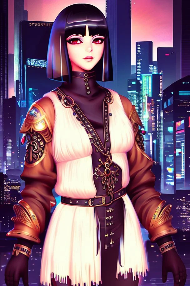 full-body-art of a woman with a bob with a fringe hairstyle, Cleopatra clothing, black knee-high boots, cyberpunk city background
