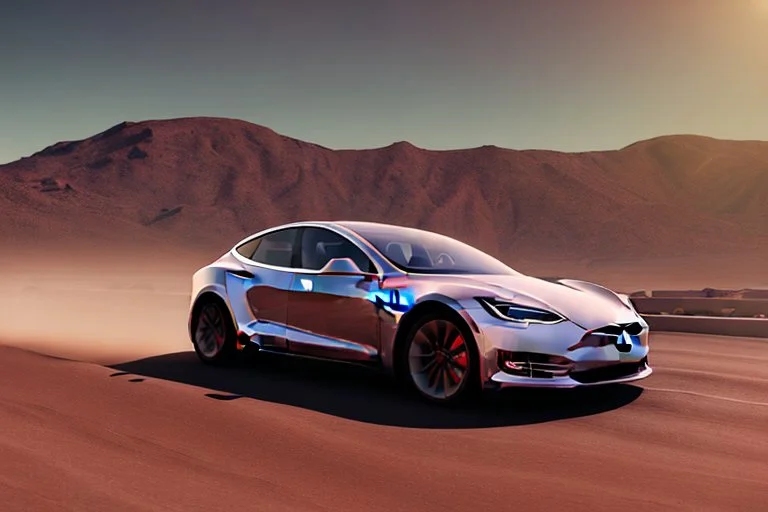 A Tesla 'Model Y' is racing at top speed, in the Mojave Desert. (CINEMATIC, WIDE ANGLE LENS, PHOTO REAL)