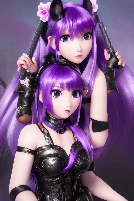 Detailed cute anime Kunoichi girl, purple hair buns, purple bangs, black latex bodysuit, intricate details, full body portrait, keep head in frame, slight smile, black Japanese motif, concept art, highly detailed, digital painting, concept art, sharp focus, illustration, art by Yoji Shinkawa, WLOP and greg rutkowski and alphonse mucha and artgerm and yanjun Chen and Junji ito and Makoto Shinkai, HDR, octane render