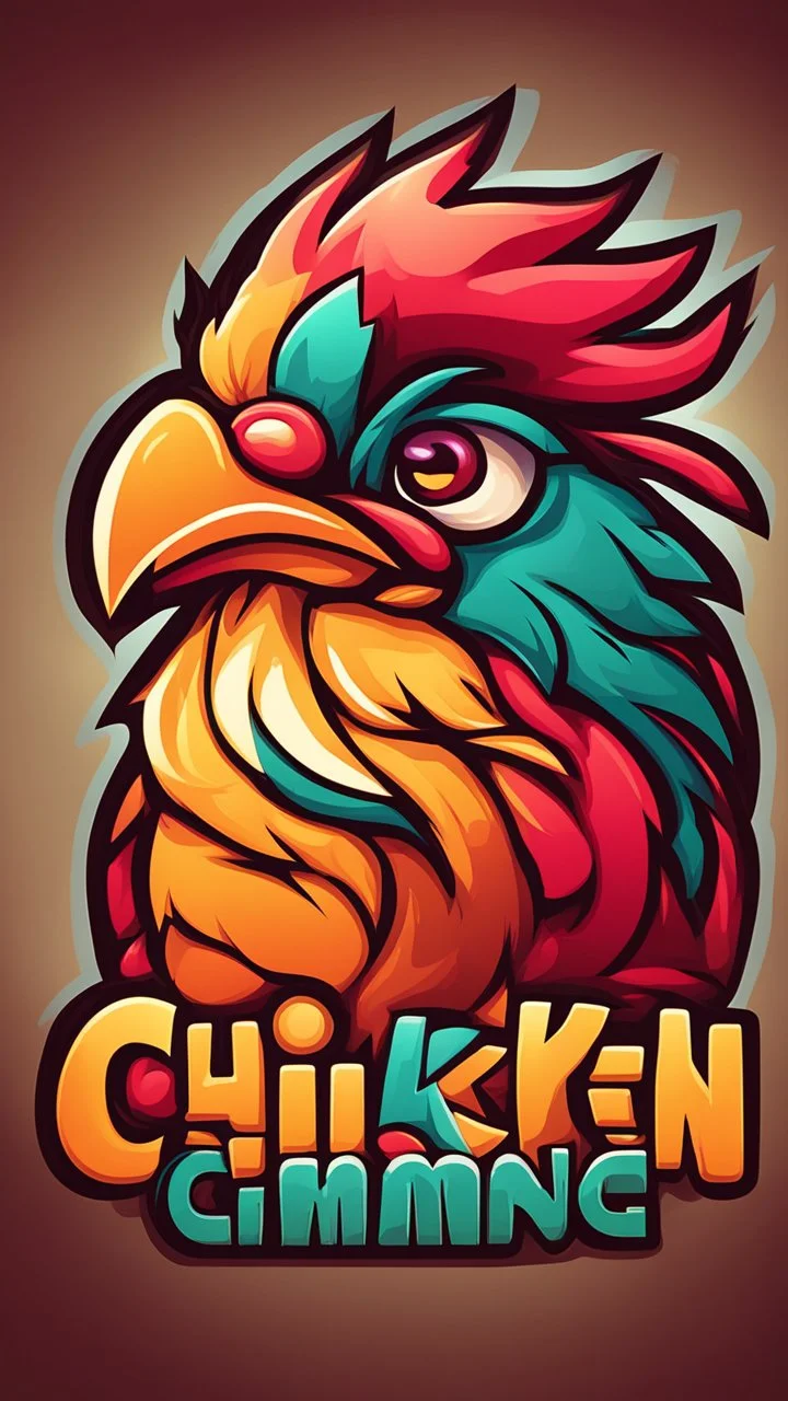 Design a vibrant, gaming-influenced logo of a chicken, featuring bright colors and a dynamic lighting scheme. Incorporate abstract shapes and textures to create an eye-catching composition.