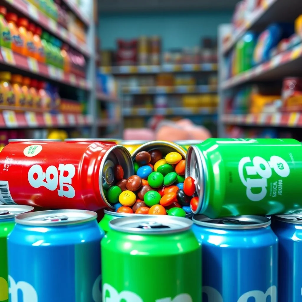 An image of supermarket products, with several colored soda cans at the bottom of the image, with M&M chocolates spilling out of them, in a soda-like atmosphere and cheerful, beautiful colors.