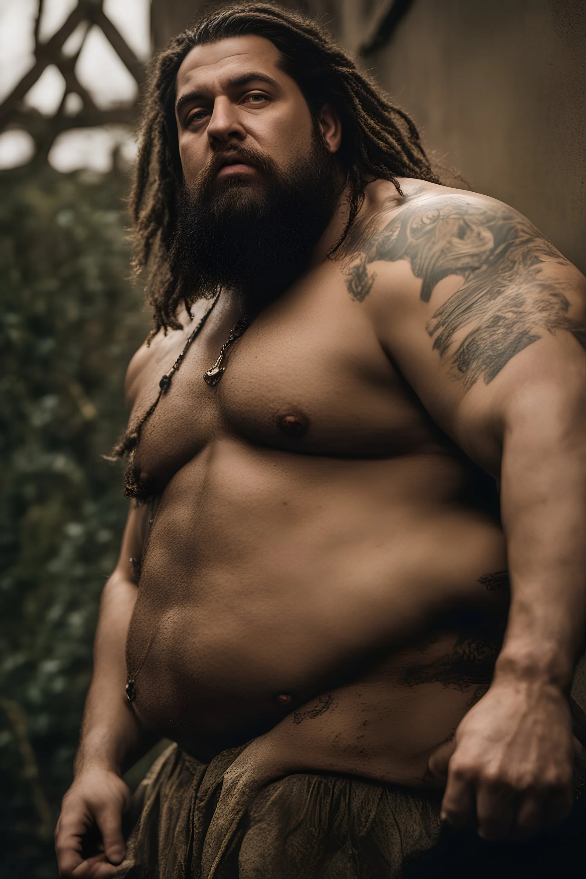 full figure shot, very realistic photography, ugly dirty wet drunk chubby stocky gipsy 32 years old , very oiled body, very detailed, dim light, view from below, short beard, drunk eyes, dreadlocks, tattoo, bullneck, mature barely burly bearded muscled and robust , bulging pants, seamlessly blending big masculine forms , editorial ambiance, cross-processing effects, big shoulders, ambient occlusion , bright shiny light, impressive composition, volumetric light