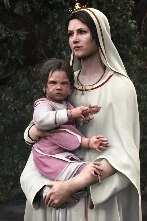 The Virgin Mary holds Christ in her arms, cries with blood, resident evil, resident evil, horor, photorealistic illustration, 8k