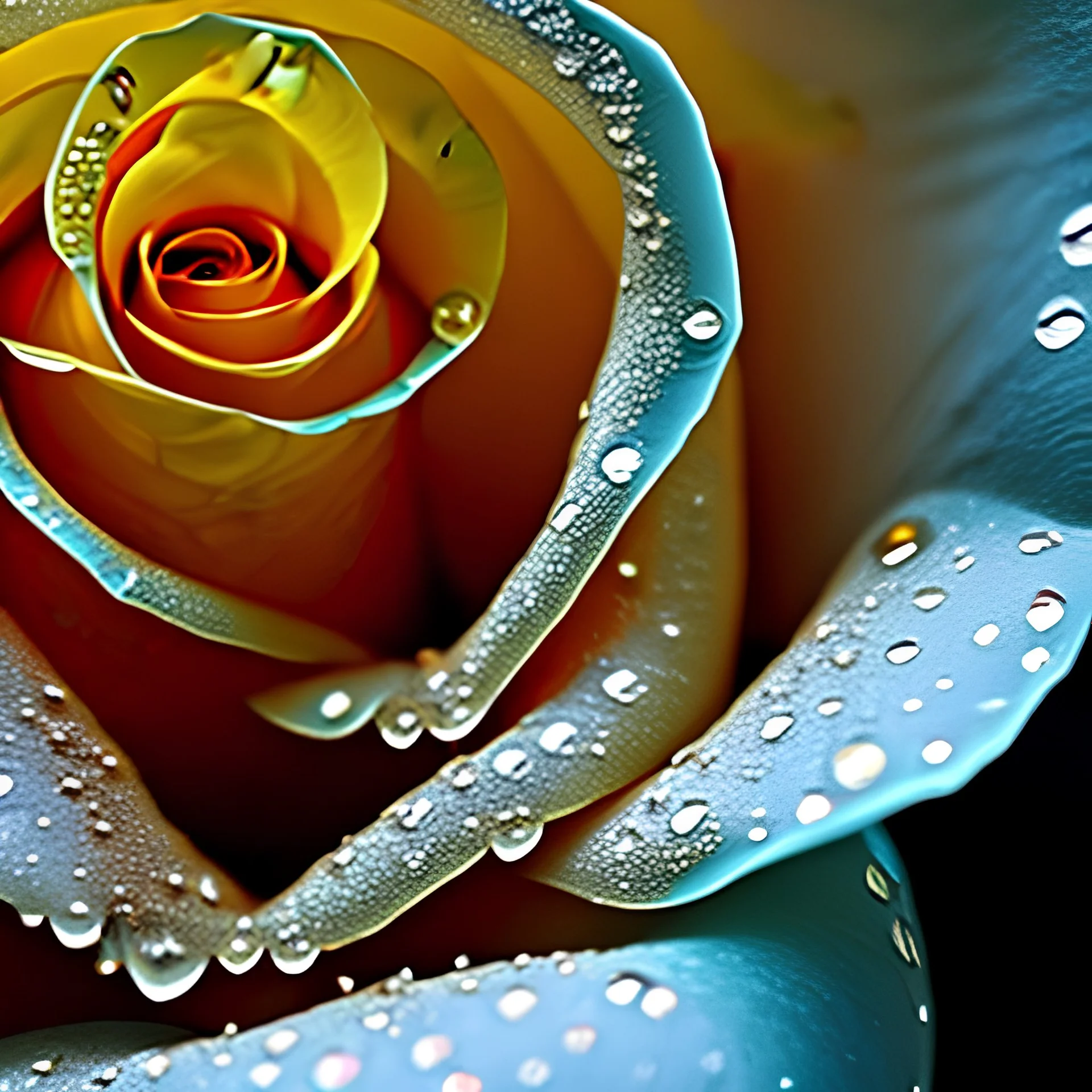 a single drop of water clinging to a rose petal, the drop refracts a distant landscape and flowers