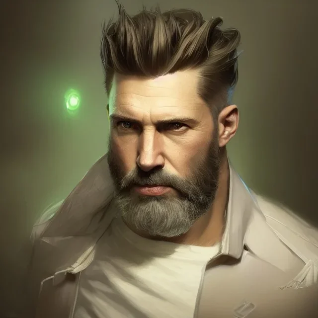 "MIddle aged white human male, with a trimmed but uneven beard, piercing green eyes with slick back hair head and shoulders portrait, 8k resolution concept art portrait by Greg Rutkowski, Artgerm, WLOP, Alphonse Mucha dynamic lighting hyperdetailed intricately detailed Splash art trending on Artstation triadic colors Unreal Engine 5 volumetric lighting Splash art fantasy"