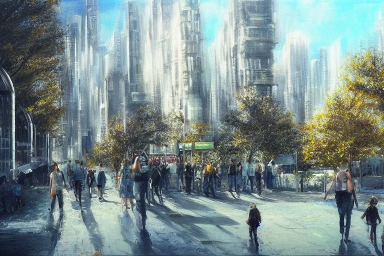 Futuristic city, sunny day, trees, people, sci-fi, epic, philip wilson steer influence, hd, realistic painting