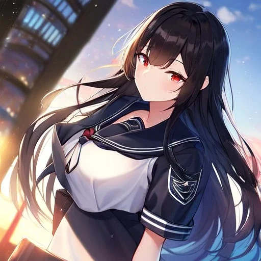 Clear Focus, High resolution, Black long hair, Red eyes, Wearing a sailor uniform