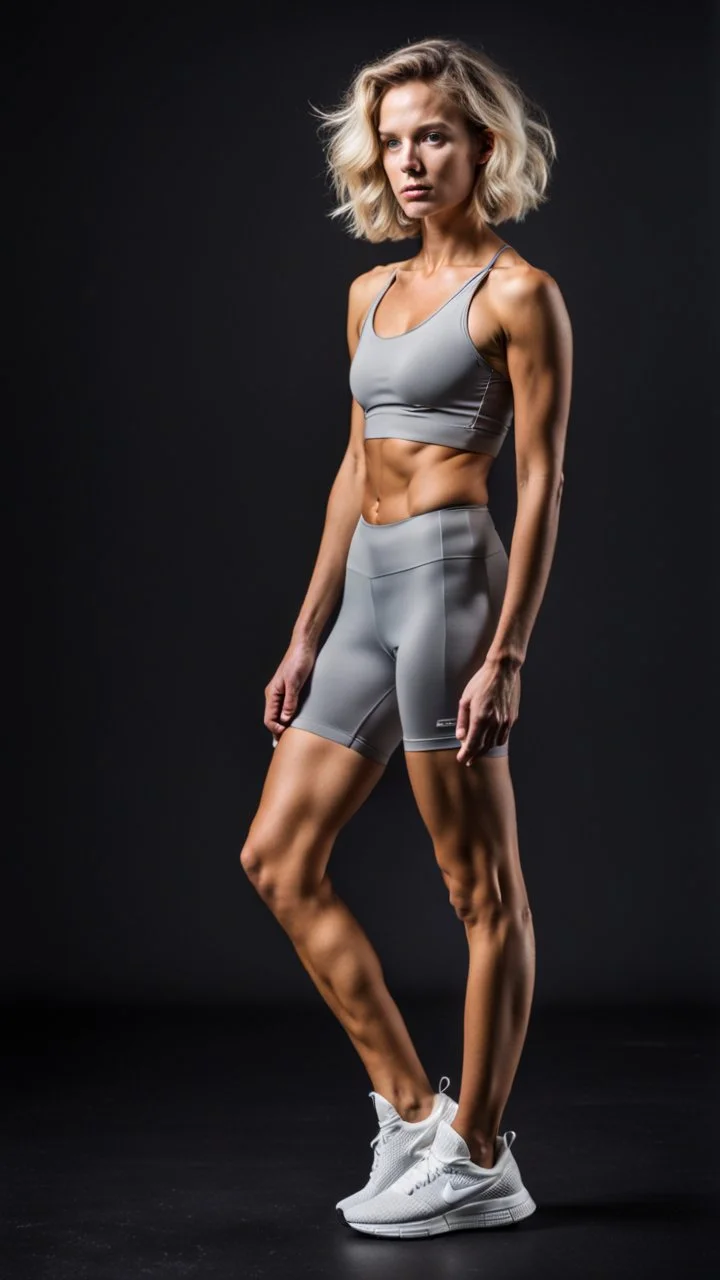 photography of a beautiful anorexic woman, grey satin sports bra, sports illustrated, blond short wavy bob haircut, pronounced sternum, grey running leggins