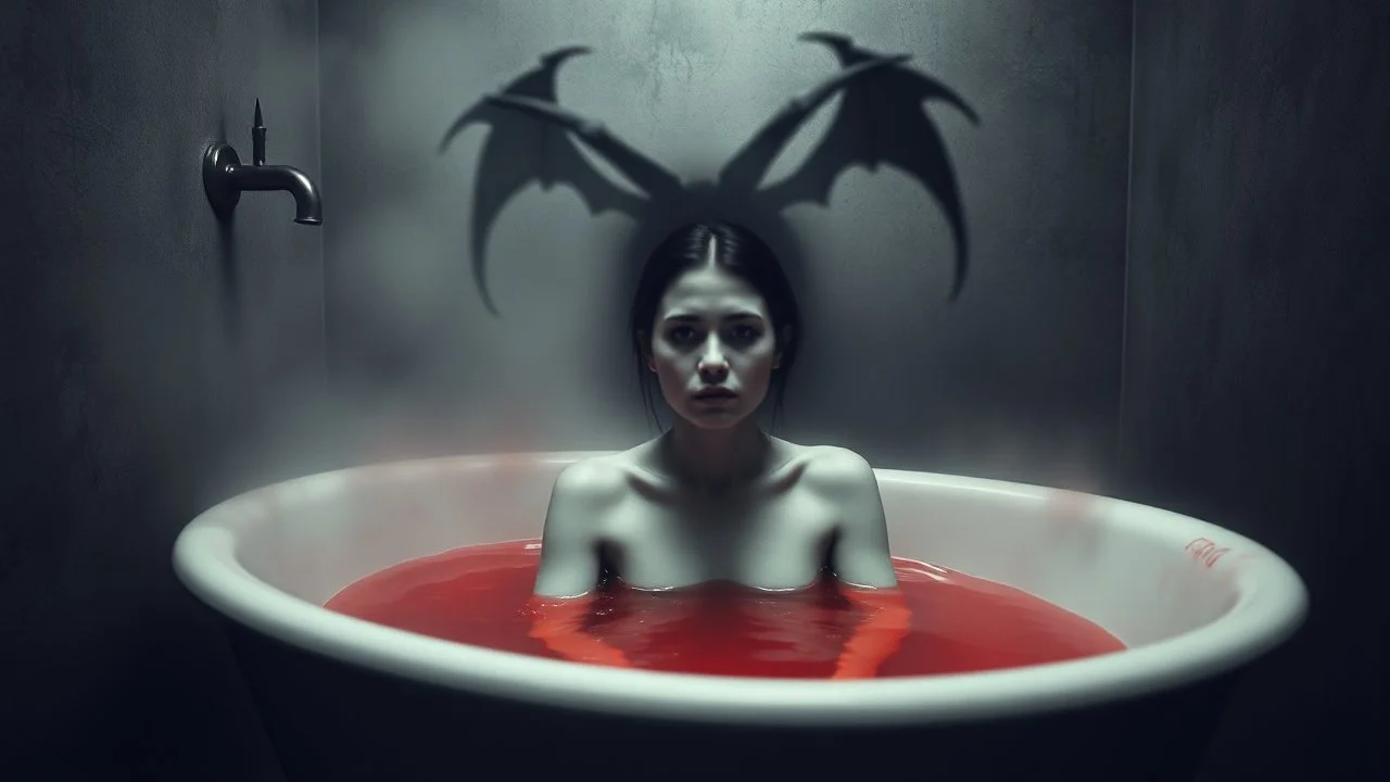 monochrome photo of very blur face sad pale woman sitting in bath tube around her red water, in bath, blur fog, background in corner one black demon shadow, dark gray old wall, darkness around, sad, surreal dark vibe, dark colors, in wall opened deep crepy abyss, splash art, cinematic, depressive vibe