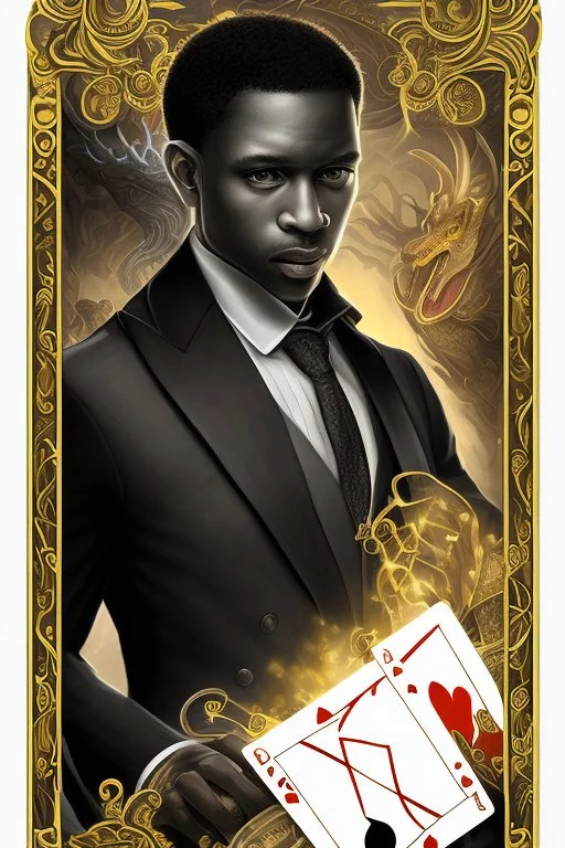 Dashing black man in a suit, holding a deck of cards. There's a young fey dragon with him.