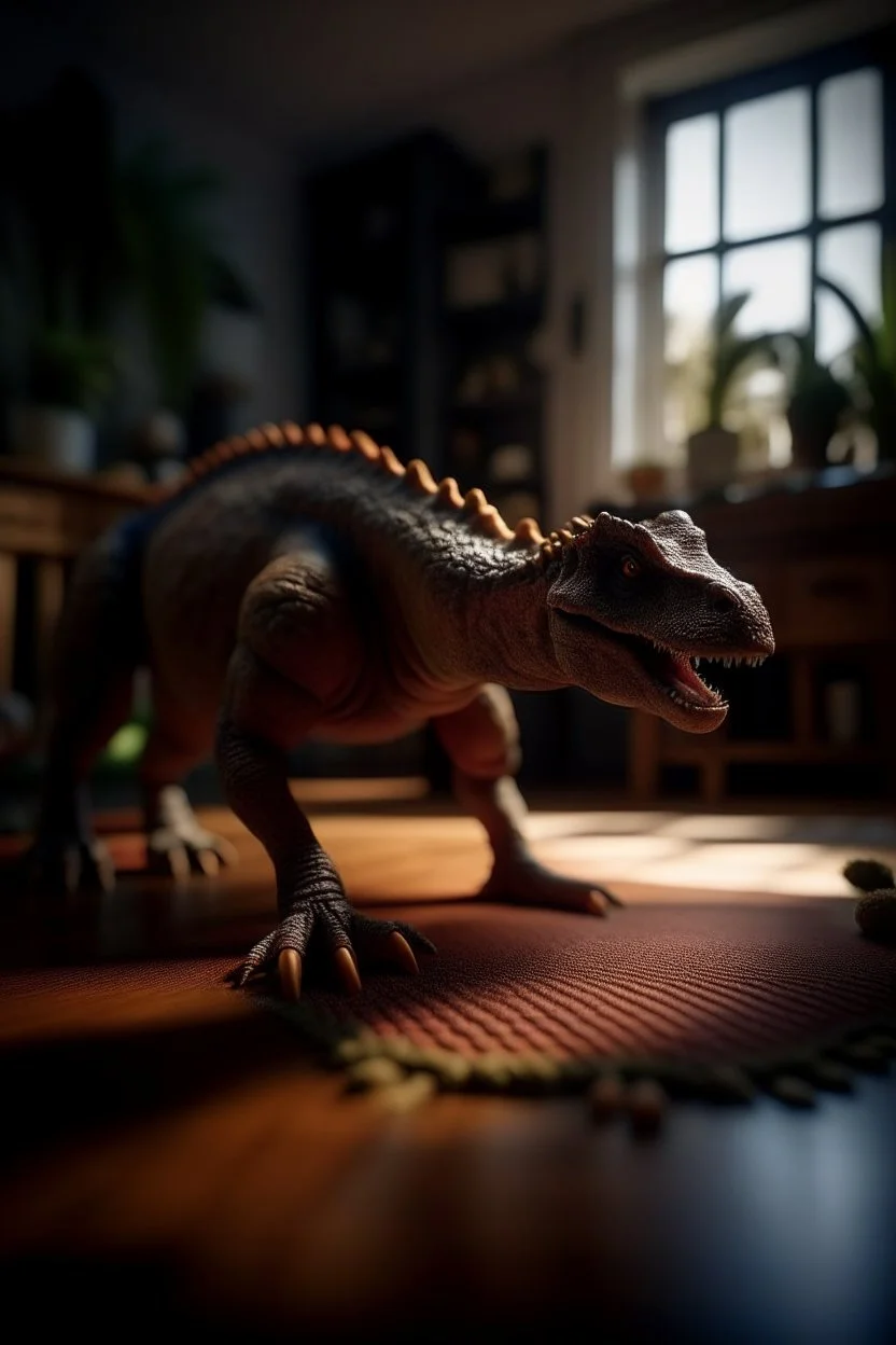 me using a fat dinosaur on a doormat,shot on Hasselblad h6d-400c, zeiss prime lens, bokeh like f/0.8, tilt-shift lens 8k, high detail, smooth render, down-light, unreal engine, prize winning