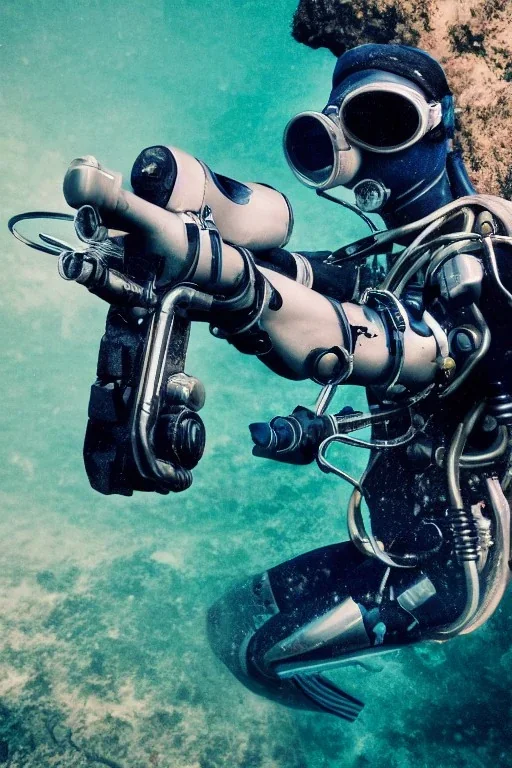 diver like a cyborg,with a gun,hi quality detail,hi quality textures,cinematic,aqua