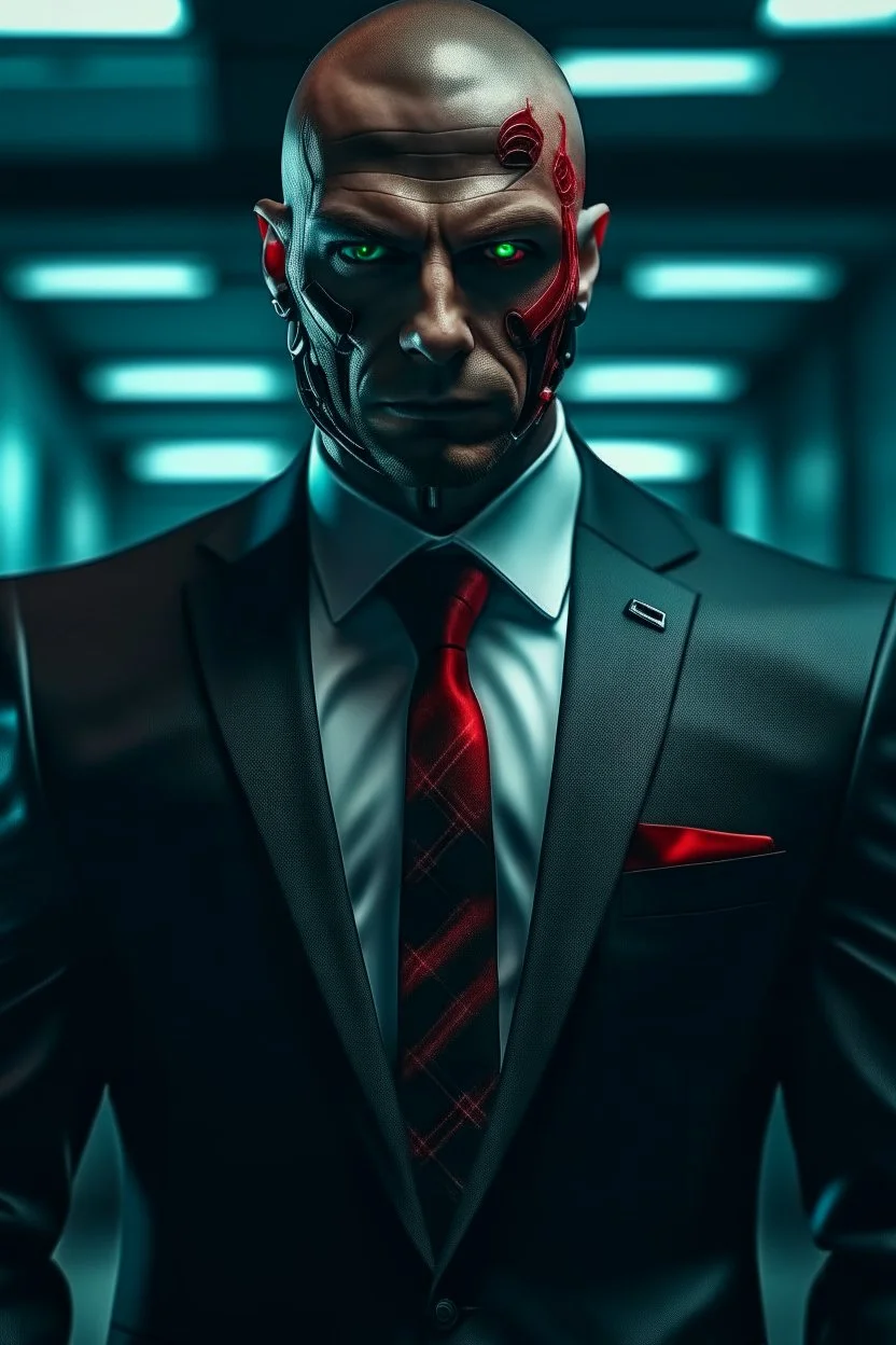 Bodyguard human with red cyberpunk eyes in the business suit at the office