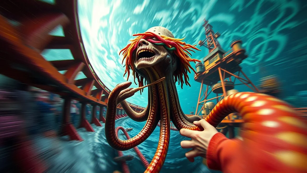 master oil painting by Rembrandt, roller coaster hypno psycho alien squid with rasta wig breast feeding with some bad ass power off shore oil platform cyber punk people experiencing gravity at its worst, pin hole cam, twisted perspective, goa trance music poster, awake within a psychedelic mushroom dream, with some motion blur background, and hyper depth perception layout