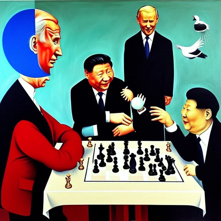 Putin, President Xi Of China And Joe Biden Play Chess With A Pigeon,Ufo And Atomic Bomb Mushroom Cloud,Complex Surgical Instruments Intermixed With A Newborn Boy,Minimalism,Painting By Adrian Ghenie,Rene Magritte,Pablo Picasso,Michelangelo,Salvador Dali,Lucian Freud