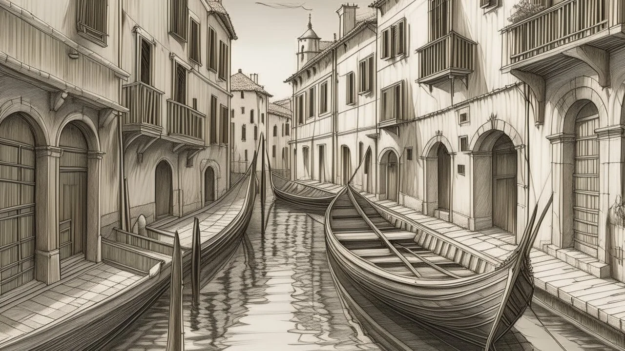 A detailed pencil sketch of a narrow Venetian canal with boats and buildings in the background, dappled lighting creating a dreamy atmosphere, intricate shading adding depth to the scene