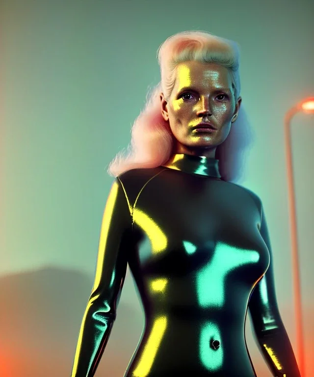 retro sci-fi portrait image from 1980, supermarket parking explosions, fire, scared people, blonde woman walking, sweet Kate moss face, tight latex suit, soft color, highly detailed, unreal engine 5, ray tracing, RTX, lumen lighting, ultra detail, volumetric lighting, 3d, finely drawn, high definition, high resolution.