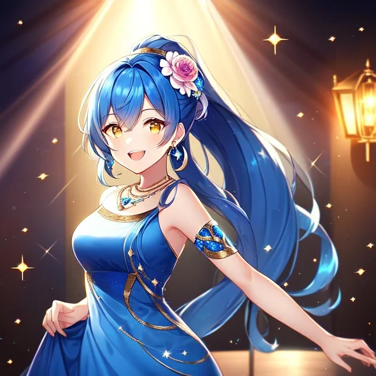 girl, masterpiece, best quality, cinematic lighting, detailed outfit, perfect eyes, blue hair, golden eyes, long hair, ponytail, laughing, spotlight, hair flower, blue dress, sparkle, necklace, earrings, indoors,