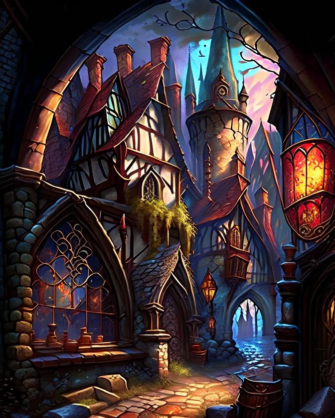 medieval fantasy cobblestone town with stained glass window buildings fairytale rpg art