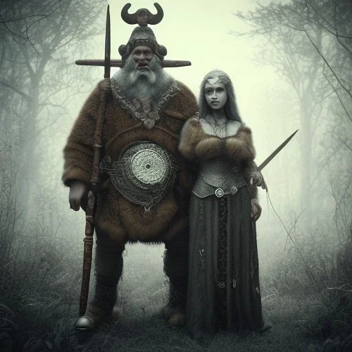 old viking with his zombie wife, scary, steam punk, realistic, made in octane, cinematic, ultra-realistic, extremely detailed octane rendering, 8K, VRAY Super Real ar 2:3, dof photorealistic futuristic 50mm lens hard lighting dark gray tintype photograph, realistic lighting, sepia color