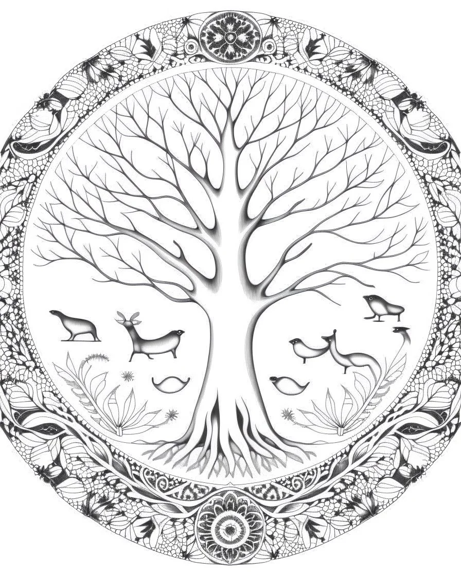 coloring page: Click on the link to access the coloring page. It embodies a minimalistic style, with bold and dark lines that bring forth a captivating aura. The centerpiece is a vibrant and intricate mandala, showcasing the interconnectedness of all living creatures. Various animals gracefully intertwine within the branches of a majestic tree, symbolizing the harmony and unity of nature. Set against a pristine white background, the clean and thin line art accentuates the intricate details of th