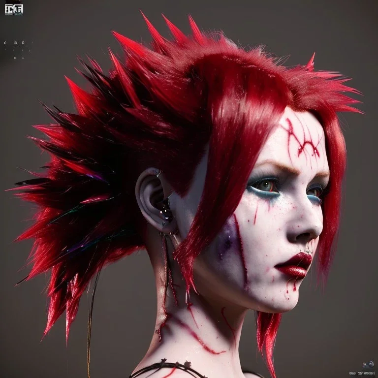 pretty red punk hair cyber woman, cold ambient, latex, cables, purpurin, blood, black, gold, piercings, brown, decorative color feathers, circuits, neon style, a lot of led lights, fog, rain, vibrant color, highly detailed, art stations, concept art, smooth, unreal engine 5, god rays, ray tracing, RTX, lumen lighting, ultra detail, volumetric lighting, 3d, finely drawn, high definition, high resolution.