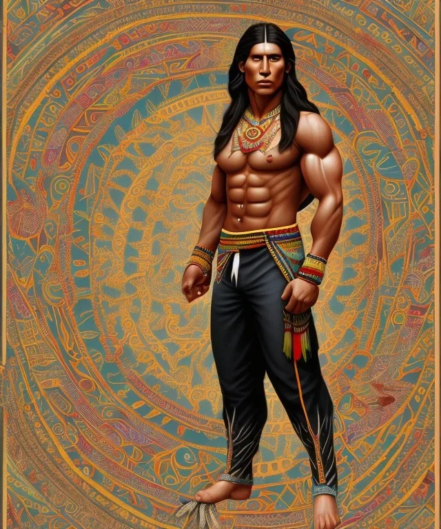 native american warrior, long black hair, big muscles, big half circular from shoulder to chest fabric piece