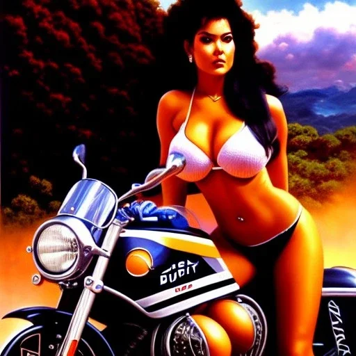 portrait of busty beautiful 'Female Rider on Akira's Bike',painting by Earl Norem, simon Bisley, evan lee, 86-86, oil on canvas, cinematic composition, extreme detail,fit full head inside picture,8k