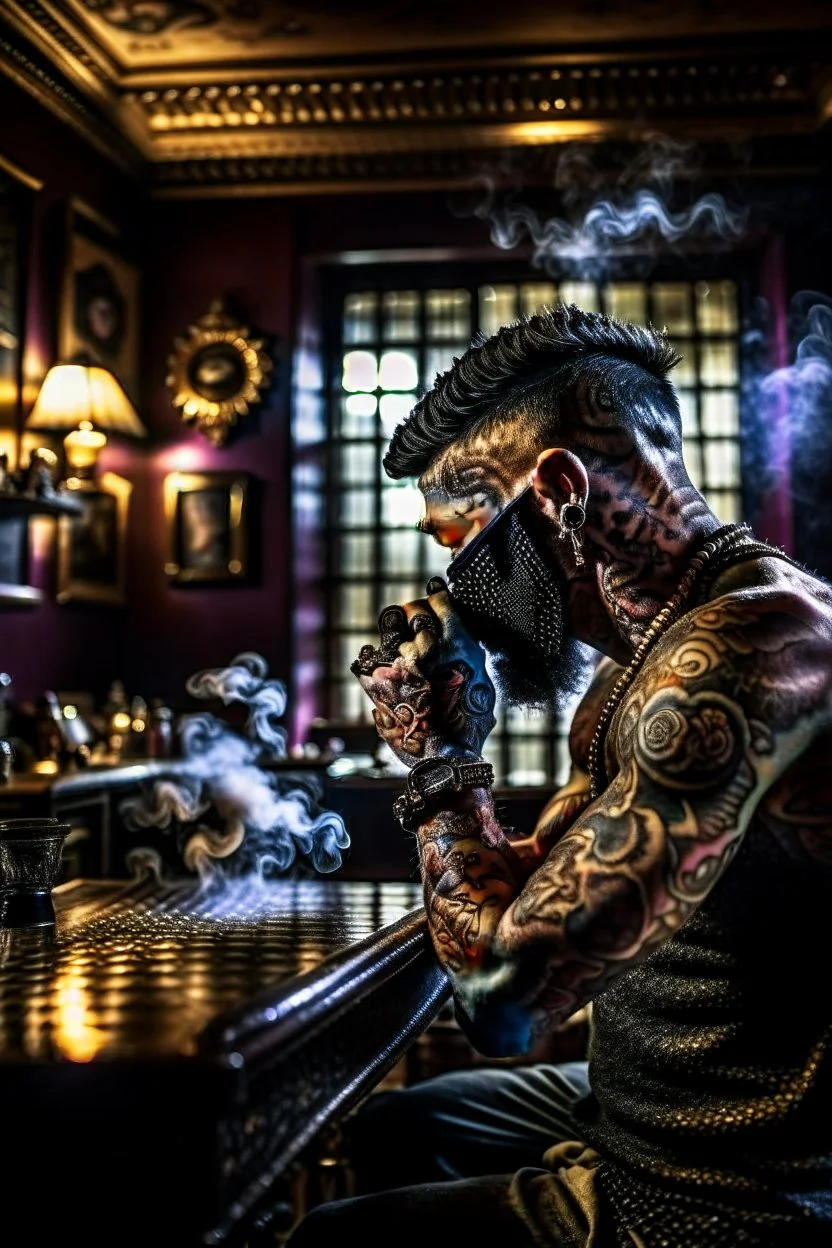 symbol for gazillion, scary tattooist in high end parlor, smoke, mist, lightrays, depth of field, photography