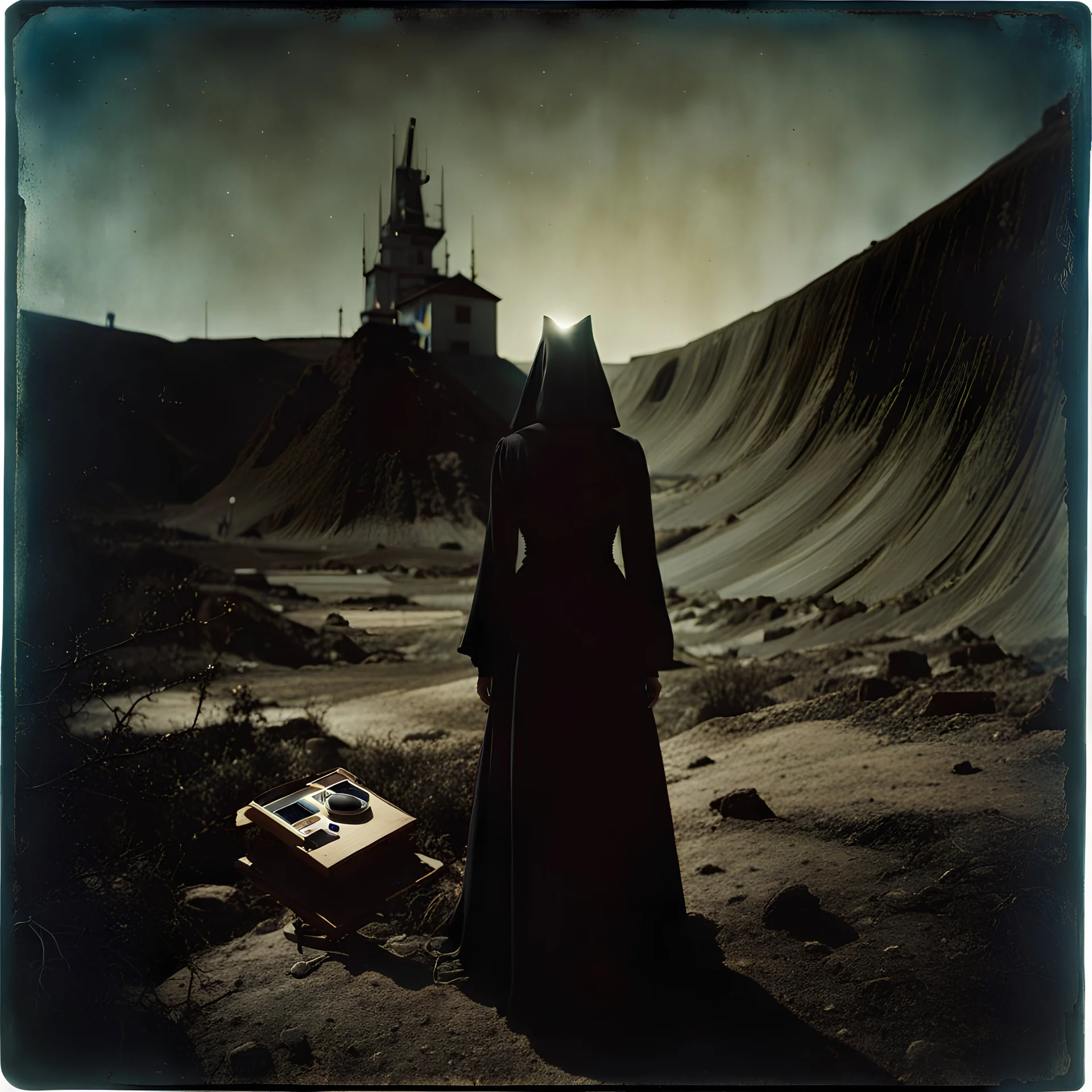 Photorealistic polaroid nothingness and distress, wooden void, wasteland night Max Ernst Hieronymus Bosch, volumetric light, shot on Hasselblad, movie shot, details of the dress accentuated, nightmare, hypermaximalist