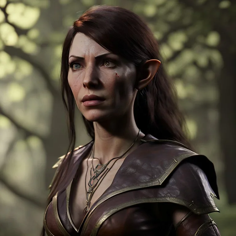 dungeons and dragons, female wood elf, druid, brown hair, brown eyes, full body, realistic face, short hair, large nose, closed mouth, leather armor, one person, blue scarf