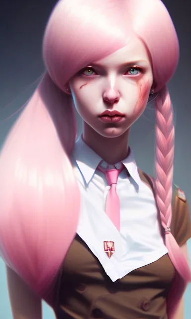 girl, cute, beautiful, pink hair, brown eyes, pigtails, bangs, knife in hand, blood on face, by Greg Rutkowski, big boobs, school girl uniform