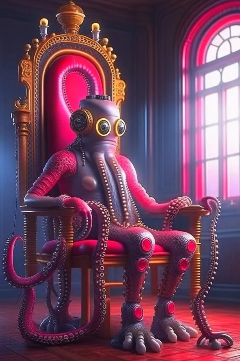 portrait of cyborg robot octopus chatbot smoking a sigar on a throne in medieval castle, smoke, 4k, downlight, soft light, depth of field, photorealism