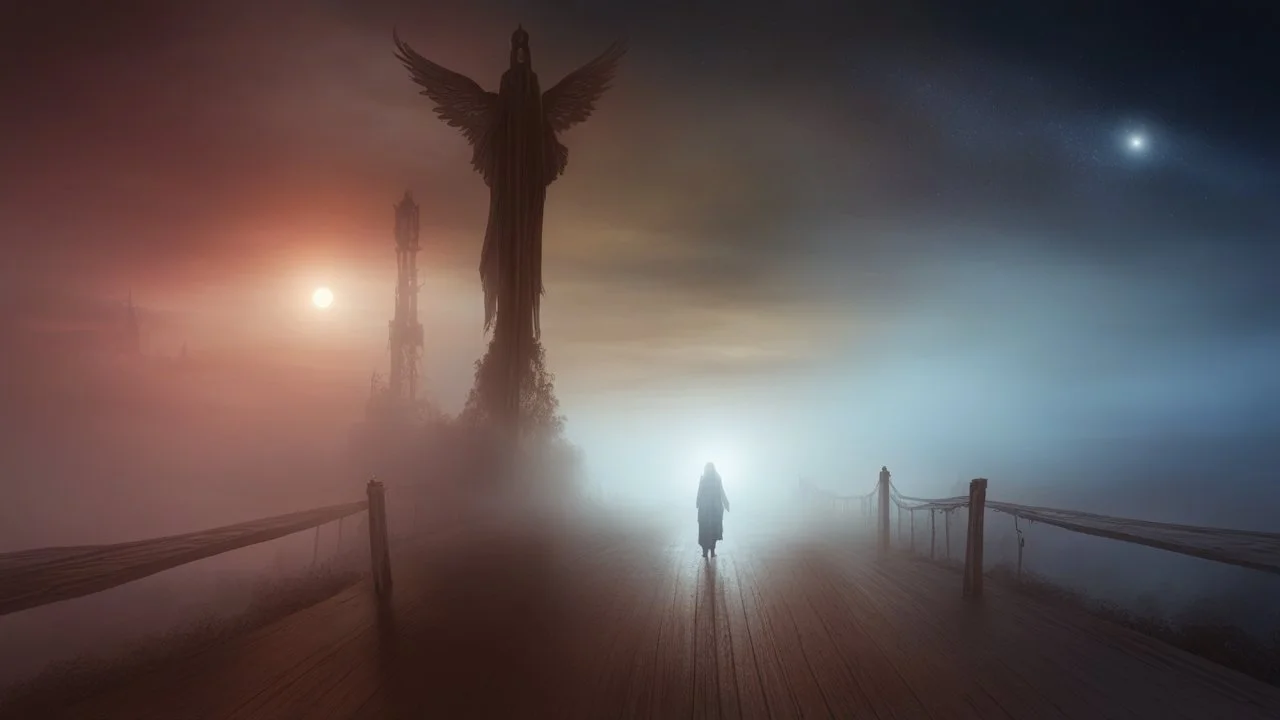 walking straight ahead over a wooden bridge, holding the angel of death with your right hand, entering the fog at the end of the road that leads to the afterlife, and a beautiful sunset and galaxy's behind the fog, realistic