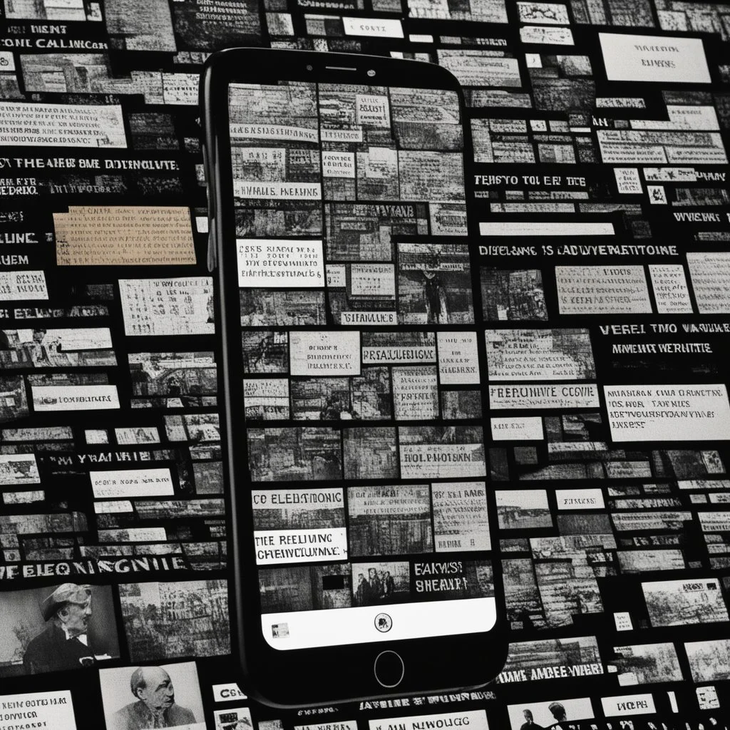 A glitchy video message on a smartphone screen, with fragmented words and disjointed images, symbolizing the call to adventure.The protagonists staring at the screen, a mix of curiosity and unease on their face. [William S. Burroughs' "The Electronic Revolution"]