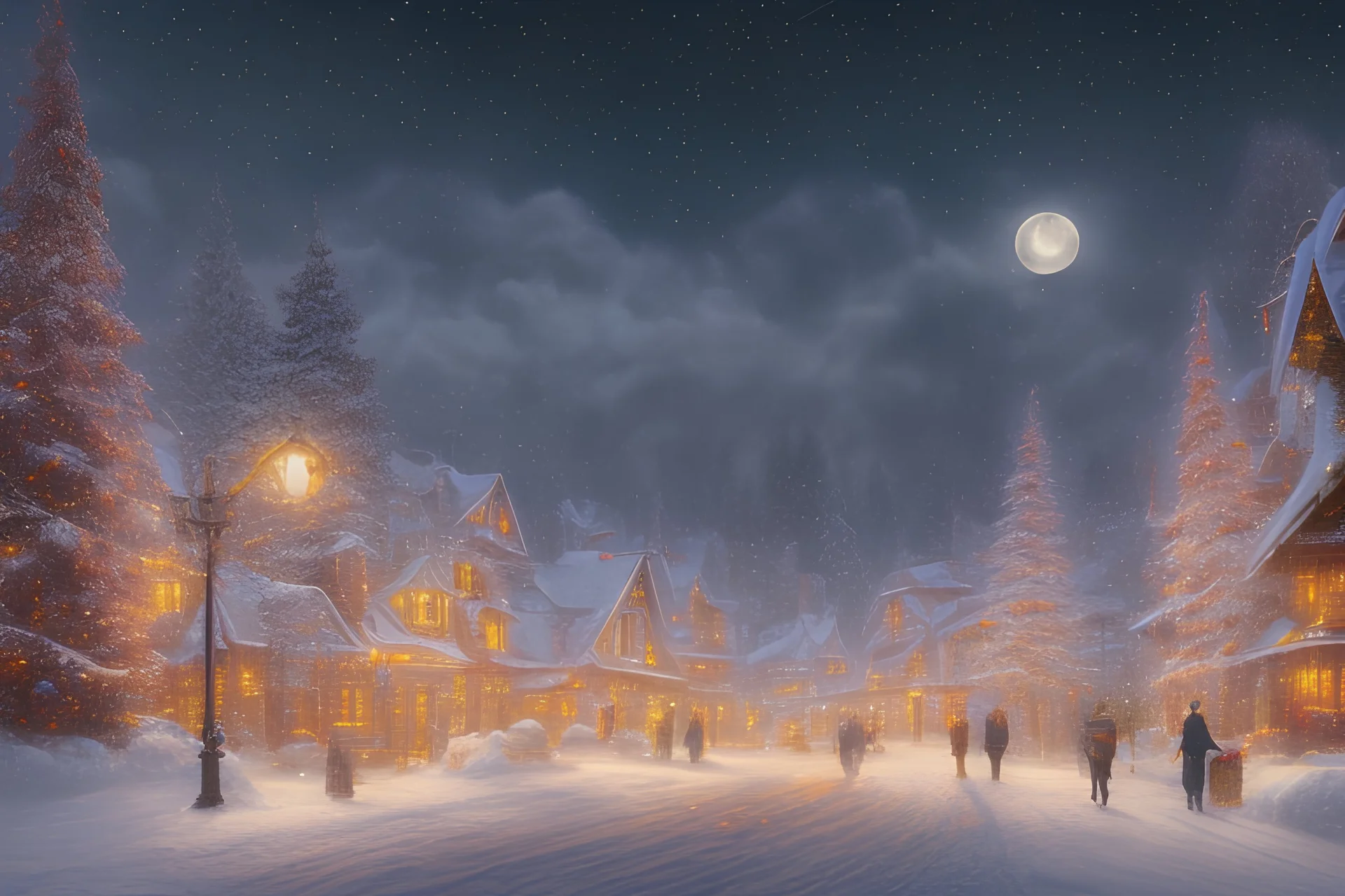 oil paint, people walking at night on a snowy mountain village, Christmas decorated street lights, night Christmas lights, smoke from the fire places of the houses, colours, trees without leaves, moon behind the clouds, view from above, extra ordinary details.