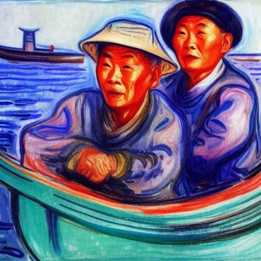 Portrait of OLd Chinese Fishermen on boat wearing bucket hat by edvard munch 8k