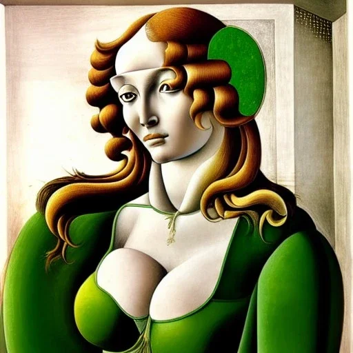 portrait of a beautiful busty superwoman with green eyes by Sandro Botticelli style