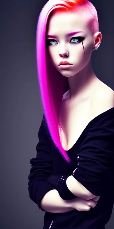 girl angry, beautiful, cute, bloody, pink hair, black sweater