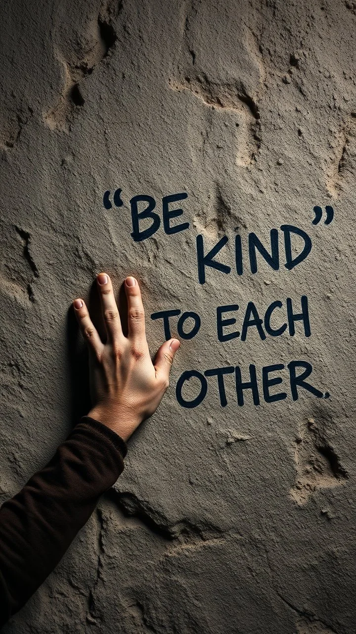 A hand writing On cave wall written “BE KIND “ “ TO EACH OTHER “ , an old man with bear and king hair wrote by the cave wall , a dim lighting great quality picture with primitive style