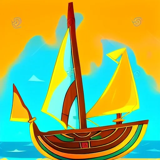 Legend Of Zelda: Wind Waker style Small wooden ship, with bright sails, on a vast ocean, stylized, celshaded, colorful, adventurous, full view.
