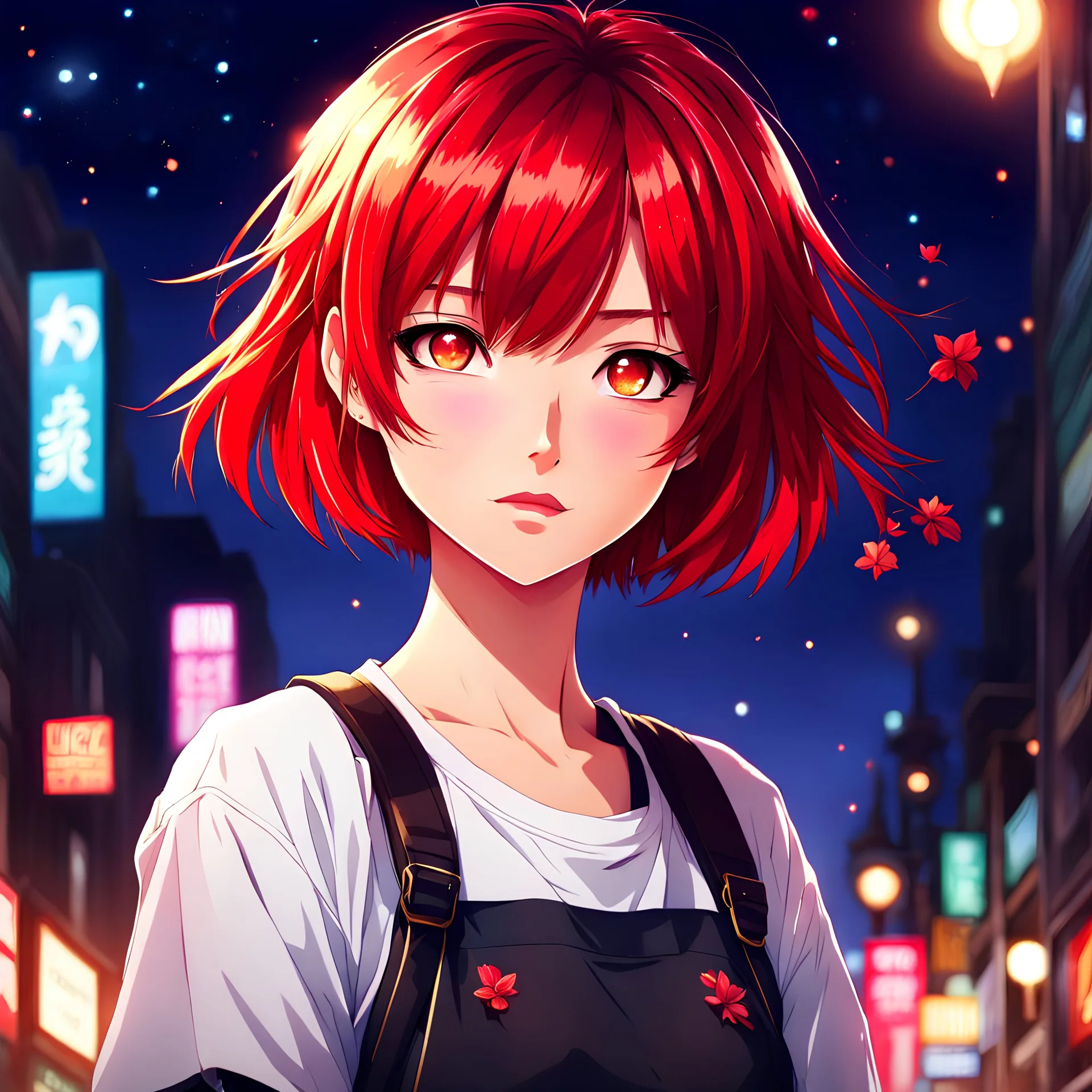 2dcg,anime art style,red short hair cute girl,tomboy,badass,light color,blooming,night,don't show hands